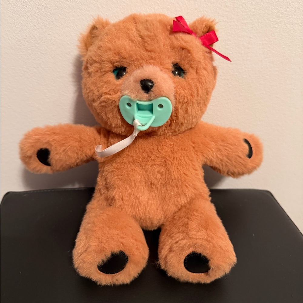Brown Plush Teddy Bear with Mint Pacifier and Red Bow